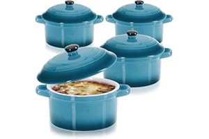 COM-FOUR® 4x cocotte avec couvercle en céramique - bol à dessert pour crème brûlée - mini cocotte pour aileron de ragoût et viande assaisonnée - bleu, env. 250/175 ml par plat (4 pièces - bleu)