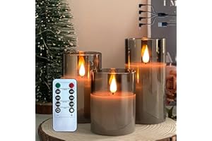 NICE POINT Bougie sans flamme LED, bougie en cire véritable rechargeable avec télécommande et minuterie, bougies électroniques en verre gris clair pour la décoration d'intérieur, paquet de 3