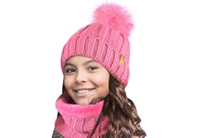 TOSKATOK Niños Niñas Invierno Rib Seed Stitch Térmico Cálido Acogedor Forro Polar Calentador De Cuello Snood Bufanda Con Conjunto De Gorro