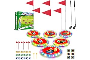 TERRAMUS Light Up Golf Play Set - Upgraded Backyard Golf Chipping Game with 6 LED Targets, 2 Clubs, 18 Balls, 6 Bean Bags, Night Golf Toys Gifts for Kids Golfers Family Indoor Outdoor Beach Lawn Park