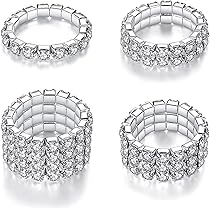 WTZ Sparkling 4 Row Crystal Rhinestone Stretch Ring - Silver Tone Adjustable Size 7-9