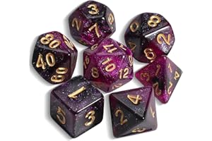 QMAY DND Dice - Set di 7 dadi poliedrici per Dungeon e Dragons MTG RPG D&D D20, D12, D10, D%, D8, D6, D4 (nero misto viola + glitter)