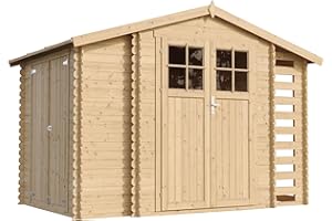 TIMBELA M389F Casetta da Giardino in Legno per Esterni con legnaia- L206xL328xA218 cm/ 3,53 + 0,97+0,97 m2 - Piccola Casetta in Legno, Rimessa Attrezzi, Deposito Bici