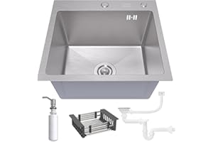 ANW HOME Fregadero de cocina 48x45 cm con sifón, escurridor de cestillo y dispensador de jabón de 350 ml, fregadero de cocina de acero inoxidable 304 con 2 agujeros para grifo