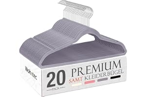 Wohntec Kleiderbügel Samt 20 Stück - Kleiderbügel Platzsparend, Bügel rutschfest und Belastbar, 360° Drehbar Hangers - für Hemden, Anzüge, Pullover, Hosen, Grau