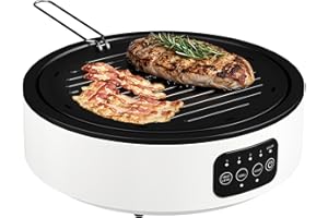 HOMCOM Infrarot-Einzelkochplatte Glaskeramikkochfeld mit Grillplatte, 2 Mode, LED-Touch-Steuerung 2000 W 36 cm Herdplatte mit 4 Heizstufen, Fettauffangschale, für Alle Töpfe