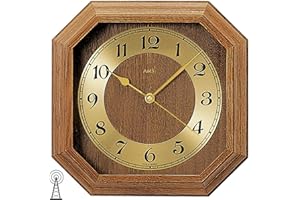 Radiowy zegar ścienny zegar radiowy prostokątny drewno rustykalny złoty 26 x 26 cm AMS