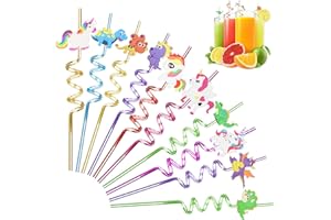 Zamety 10 Pièces Paille Plastique Dinosaure et Licorne Paille en Plastique Paille Spirales Reutilisable pour Les Fêtes D'anniversaire des Enfants et Table Fête de Famille Décorations