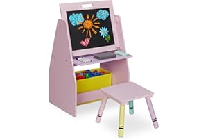 Relaxdays Scaffale per Bambini, con Lavagna, Doppio Scomparto e Sgabello, Postazione per Colorare, HLP 84x52x45 cm, Rosa
