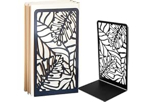 GOSLYLY Fermalibri Metallo,Reggi Libri per Libreria-Reggilibri da Mensola, 1 paio Fermalibri per Scrivania, Ufficio, Scuola, Casa, Biblioteca, Nero (Foglie)