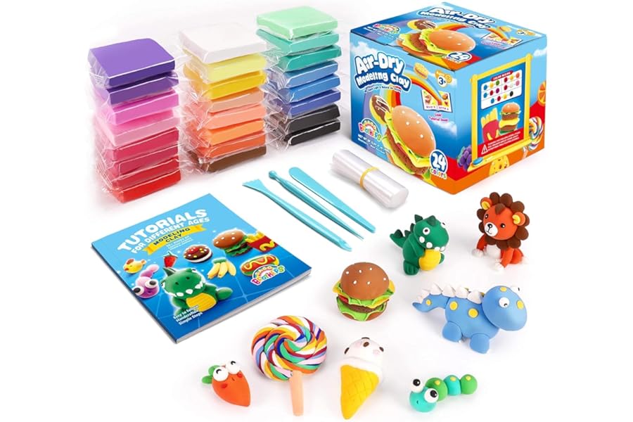 SAGO BROTHERS Air Dry Clay, 24 Colors Modelling Clay with 3 Tools & Project Booklet, Ultra Soft Light, DIY Creative Gifts, Arts and Crafts Kits for Kids Boys Girls Toys