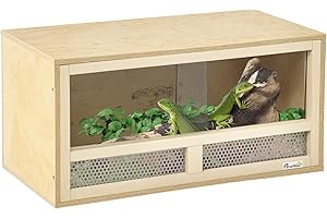 PawHut Casa Multiusos para Reptiles, Terrario de Madera con Puertas Corredizas de Cristal y Paneles de Malla, 60x29.5x29.5 cm, para Lagartos, Camaleones, Serpientes