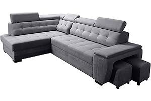 ROBIN INSPIRE Robin Grand Divano angolare con funzione di letto cassetto per la biancheria due pouf poggiatesta regolabile angolo a sinistra grigio scuro 277 x 180 x 100