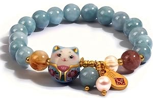 Lyckokatarmband med blå kristallpärla – kattarmband med blå kristallpärla, keramiskt katthänge, armband för kvinnor, handgjor