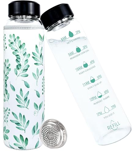 Sunkey Glas-Wasserflasche 900 Ml – Mit Zeitmarkierung, Bambusdeckel, Neoprenhülle, BPA-frei