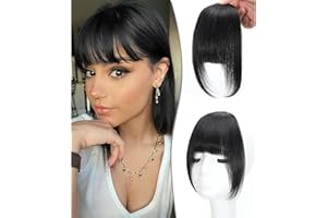 DYBEAUTYHAIR Clip in Fringe - Bangs Hair Clip in Bangs 100% Real Human Hair Extensions clip on air bangs for Women Fringe with Temples Hairpieces Curved Bangs (Natural Black, French Bangs)