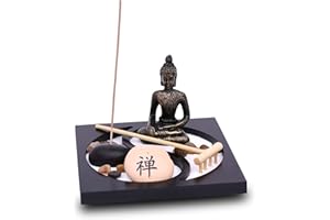 Zen Garten mit Buddha Figur - Japanischer Miniatur Garten - Feng Shui Räucherstäbchenhalter - Esotherik Set mit 3 Räucherstäbchen - Glücksbringer aus dem Buddhismus und Daoismus (Yin Yang Design)