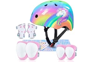 MHJY Casco Bicicleta Niño Casco de Bici Edad 3-8 Años Rodilleras y Coderas de Unicornio Equipo de Protección Ajustable con Pegatinas DIY para Niñas Ciclismo, Skate, Patinete, Patines