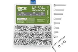 JINZEYOU 500 Pcs M5 Nuts and Bolts, Hex Socket Head Cap Screws Bolts and Nuts, Stainless Steel Machine Screws Bolts Set, Assorted and with Lock & Flat Washers Assortment for DIY