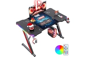 Homall RGB Gaming Desk 120 x 60 cm PC Computer Desk with LED Lights Z Shaped Computer Table PC Gaming Table for Home Office with Mouse Pad, Cup Holder and Headphone Hook, Black