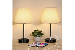 LIANTRAL Modern Bedside Lamps Set of 2, Small Desk Lamp with USB Charging Ports, Linen Fabric Shades & Metal Frame, Table Lamp for Bedroom, Living Room, Office - Creamy/Black