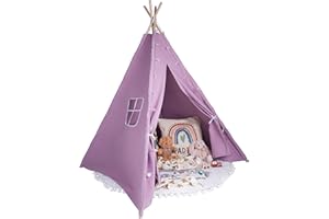 Relsy Tenda Teepee viola per bambini | Tenda Tipi/Pop Up per ragazze e ragazzi 140 x 120 cm in tela di cotone con luci a stella e accessori per tappeti