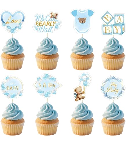 30 Stück Oh Baby Cupcake Topper | Blau Glitzer Für Babyparty, Torten Deko