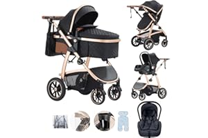 Lnhcrbs Set de Cochecito De Bebé 3 en 1, Cochecito Bebe de Altura Ajustable Con Asiento de Coche, cochecito bebe 3 piezas de Bebé para Bebés de 0-4 Años con Mosquitera Bolsa para Mamá Porta Biberón