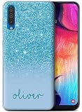 Stuff4 Personalised Phone Case for Samsung Galaxy A50 2019 Printed Custom Glitter Effect Turquoise Design Transparent Clear Ultra Soft Flexi Silicone Gel/TPU Bumper Cover