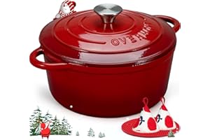 Overmont 26cm/5.2L Enamelled Cast Iron Round Casserole Dish With Lid,5.5QT, Cookbook -Non-stick Dutch Oven for Braising, Stews, Roasting, Bread Baking - Cherry red