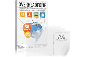 ELES VIDA 50 hojas de film transparente PEMIUM - DIN A4 transparente - Para impresoras láser, fotocopiadoras - Film OHP extragrueso - Impresión y proyección