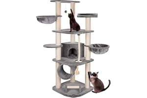 HAPPYPET Kratzbaum für Katzen groß 181 cm hoch - Stabiler Kletterbaum Katzenbaum, Dicke Stämme mit 11 cm, Haus & Spieltunnel, große Liegemulden, Spietau mit Kratzrolle, Grau