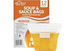 DELAHUNT CATERING SUPPLIES 1 Litre Reusable Freezer Bags [12 Pack] - BPA-Free, Leakproof & Stand-Up Press Seal Storage Bags | Heavy-Duty Meal Prep Bags for Soup, Sauce, Broth, Smoothies, Batch Cooking & Freezer Storage