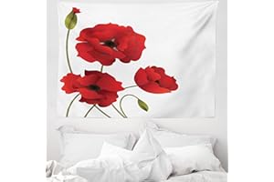 ABAKUHAUS Floral Tapisserie, Pétales de Fleurs et Les bourgeons, Décoration Murale en Tissu pour la Chambre à Coucher Le Salon Le dortoir, 150 cm X 110 cm, Blanc Vert Olive Rouge Cinabre