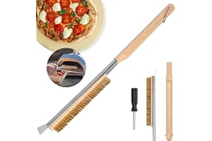 VEFTSVY 52cm Pizzaofen Bürste, Edelstahlspatel, Kratzfeste Messingborsten, Ring zum Aufhängen, Grillbürste Holzgriff, für Outdoor- und Indoor-Öfen Pizzaofen Zubehör
