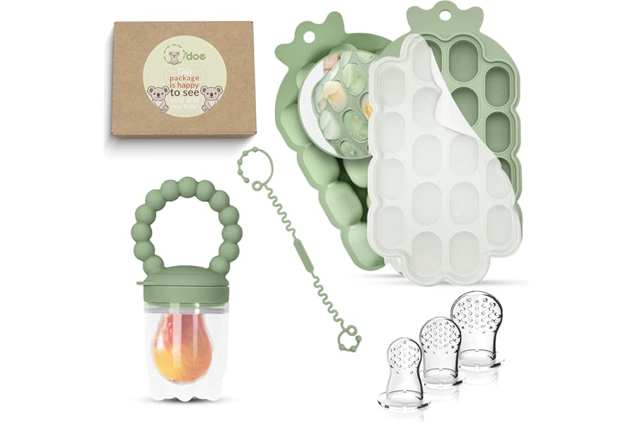 O’doe Silicone Fruit Feeder for Babies & Baby Food Feeder with Clip – 1-Pack Freezer Tray with Lid, 18-Hole Teething Dummy Fruit Feeder for Teething Relief, Includes 3 Extra Pacifiers, BPA-Free