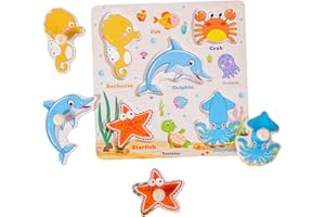 CUTITIUU Wooden Puzzles for Kids 3+ Year Olds, Montessori Toys for Learning Wooden Peg Puzzles Toy Preschool Educational Toys Educational Toddler Jigsaws Toddler Gift For Boys & Girls (Ocean)