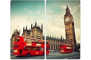 DekoGlas Herdabdeckplatten Set inkl. Noppen aus Glas 'Roter Bus in London', Herd Ceranfeld Abdeckung, 2-teilig universal 2X 52x30 cm