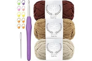 NISSARY Chenille Yarn for Crochet - Soft Plush Velvet Yarn 3x50g with 5mm Hook,Thick Fluffy Wool for Crochet Blanket Making Chunky Wool -Ideal for Beginners (Brown+Brown+Khaki)