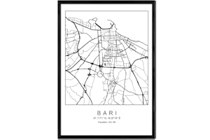 NACNIC Stampa Mappa della Città in Stile Bari Nordic Bianco e Nero. Fotogramma A4 Carta Stampata No 250 gr. Dipinti, Stampe e manifesti per Soggiorno e Camera da Letto