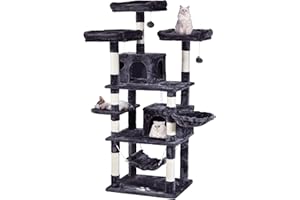 JISSBON Cat Tree Tower 170cm Cat Scratching Post with Condos, Basket, Hammock & Plush Perches for Kittens, Large Cats, Grey