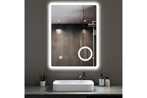 Heilmetz Bathroom Mirror with LED Lights, 500 x 700mm Bathroom Wall Mirror with Demister, Illuminated Bathroom LED Mirror with Shaver Socket and 3x Magnification, 6500k Vertical