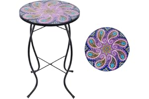 MUMTOP Outdoor Side Table - Patio Table Mosaic Coffee Side Tables Glass Accent Table 14’’Round Small Table Plant Stand for Indoor Garden Balcony(Peacock)