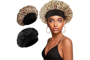 Waymaytecy 2 Stück Seidenhaube zum Schlafen, Schlafmütze Satin Bonnet Nacht Schlaf mit Gummiband für Lange, lockige Haare, Weiche rutschfest Satin Haarhaube für die Nacht(Schwarz&Leopardenmuster)