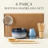 Valkyrie 6 Par&ccedil;a Matcha Hazırlama Seti Bambu &Ccedil;ırpıcı Seramik Kase S&uuml;zge&ccedil; &Ouml;l&ccedil;&uuml; ve Kaşık Mavi