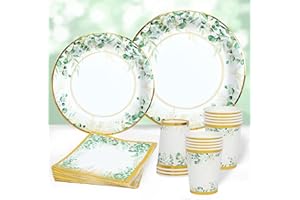 QIFU Set Di Piatti e Tovaglioli Verdi Per Feste 96 Pezzi, Piatti Di Carta Verde Salvia e Bicchieri, Piatti Per Baby Shower, Stoviglie Per Feste Di Compleanno Per Baby Shower Matrimoni Feste Di Compleanno