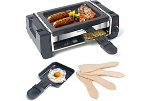 ‎HENGBO Mini Raclette Grill für 1 bis 2 Personen Tischgrill Elektrisch mit Antihaftbeschichtetem Grillplatte und 2 Raclette Pfännchen & 4 Holzspatel für Grill und Käseschmelze 500W Schwarz