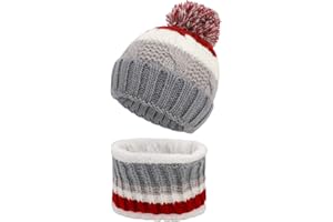 QKURT Winter Beanie Snood Set for Kids, Thermal Fleece Circle Scarf Hat Set Fit for Age of 5~12 Years Old Girls Kids Children