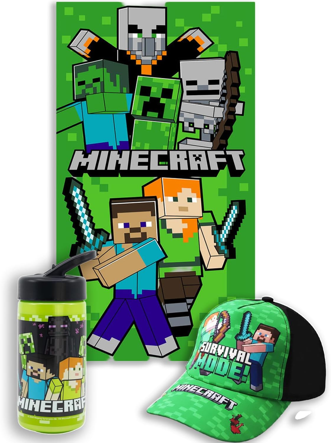 MARUKATSU Minecraft Pack Playa Niño Completo Toalla 140x70 cm + Gorra Ajustable + Botella 410ml – Set Verano Infantil Microfibra Secado Rápido Piscina Gamer