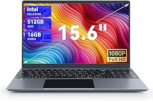 Geviar 15.6'' Laptop 16GB DDR4 512GB SSD, Quad-Core Intel Celeron N5095 Processors, 1080P IPS FHD Display, USB 3.0, Bluetooth 4.2, 2.4/5G WiFi,Numeric Keypad